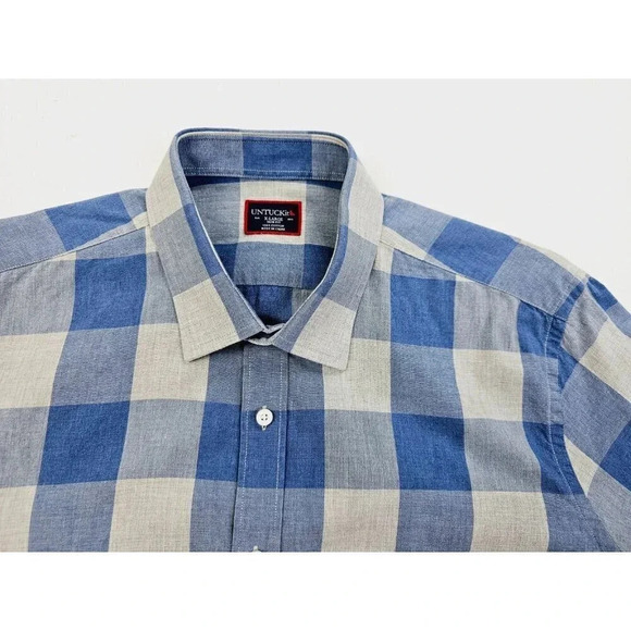Untuckit Slim Fit Size XL Men's Gray Blue Large Check Long Sleeve Cotton Shirt - Picture 11 of 11